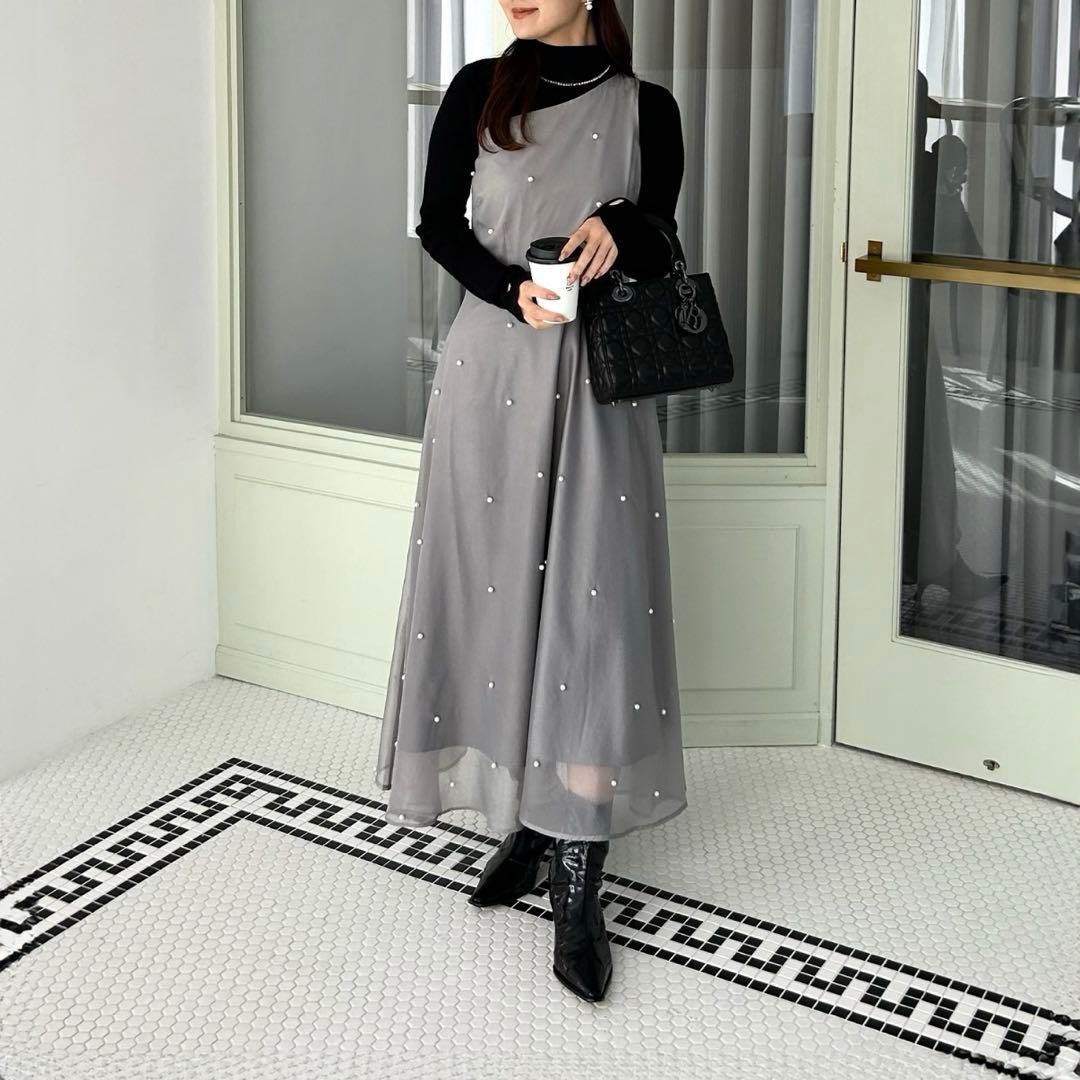 【LEJA】美品！！パールアシンメトリーローズモチーフAラインドレスワンピース