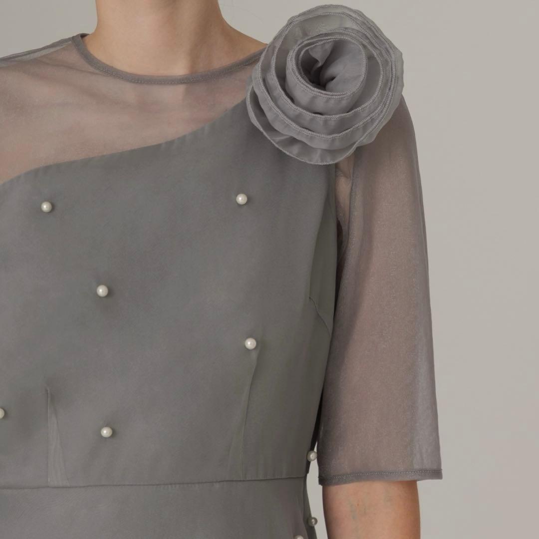 【LEJA】美品！！パールアシンメトリーローズモチーフAラインドレスワンピース