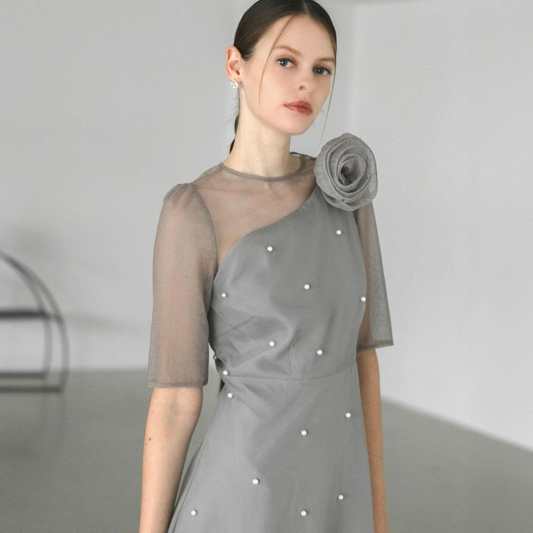 【LEJA】美品！！パールアシンメトリーローズモチーフAラインドレスワンピース