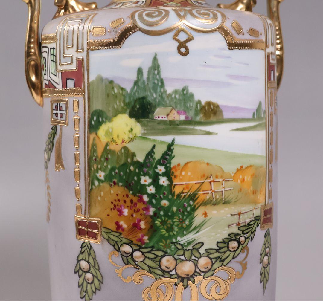 【CM318】オールドノリタケ パネル風景 耳付 花瓶 金彩 金盛 明治