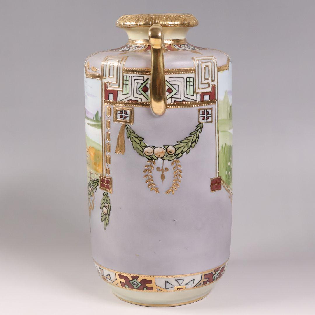 【CM318】オールドノリタケ パネル風景 耳付 花瓶 金彩 金盛 明治