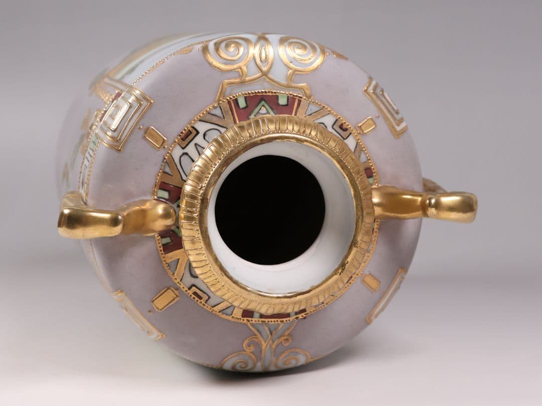 【CM318】オールドノリタケ パネル風景 耳付 花瓶 金彩 金盛 明治