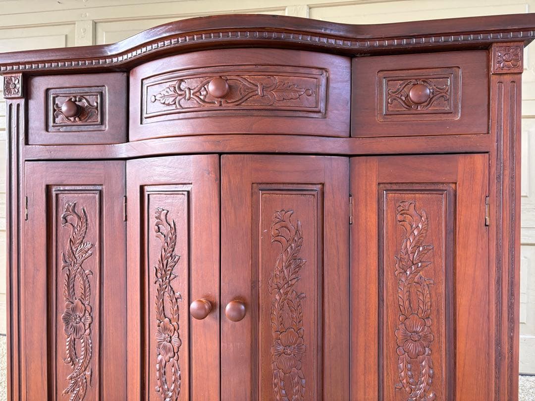 アンティーク調 木彫りコンソールキャビネット サイドボード 飾り棚