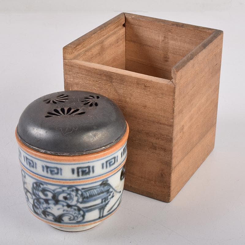 茶道具　京焼　滝口加全作　染付山水文　香炉　透かし火屋付　M　R8878