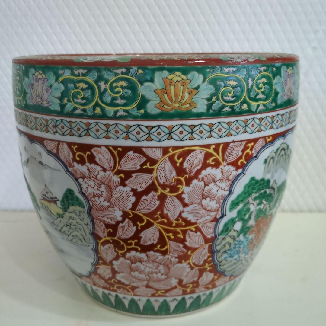 骨董 古伊万里 火鉢 十錦手 色絵 鉢カバー 睡蓮鉢 傘立て 金魚 めだか