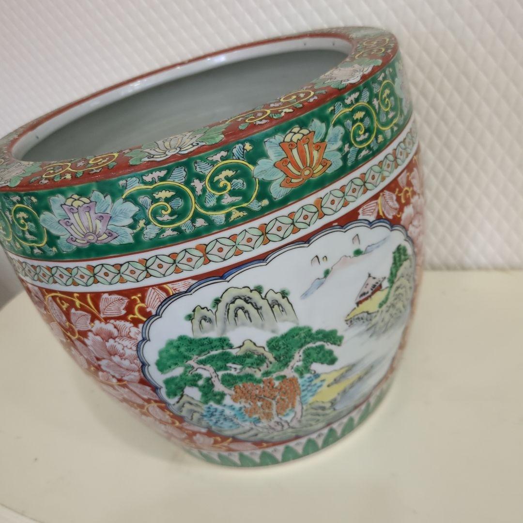骨董 古伊万里 火鉢 十錦手 色絵 鉢カバー 睡蓮鉢 傘立て 金魚 めだか