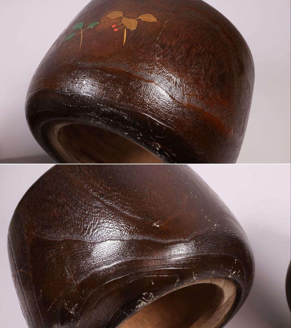 桐火鉢一対 菊蒔絵 草花 木箱入り 手あぶり 古民具 漆芸 茶道具【MB55】