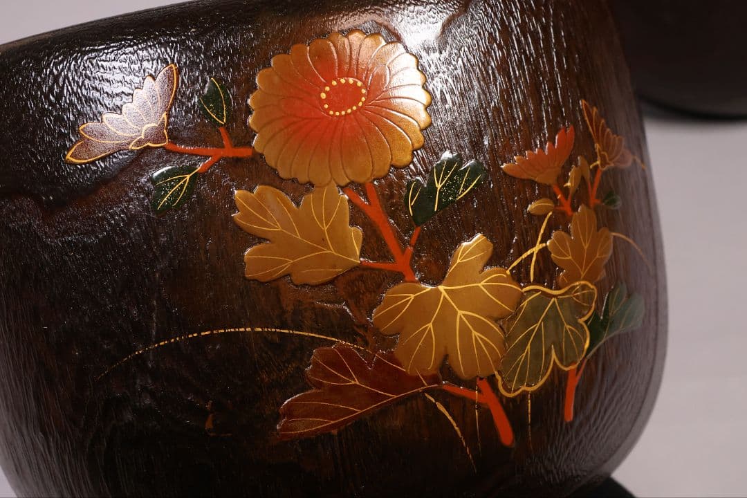 桐火鉢一対 菊蒔絵 草花 木箱入り 手あぶり 古民具 漆芸 茶道具【MB55】