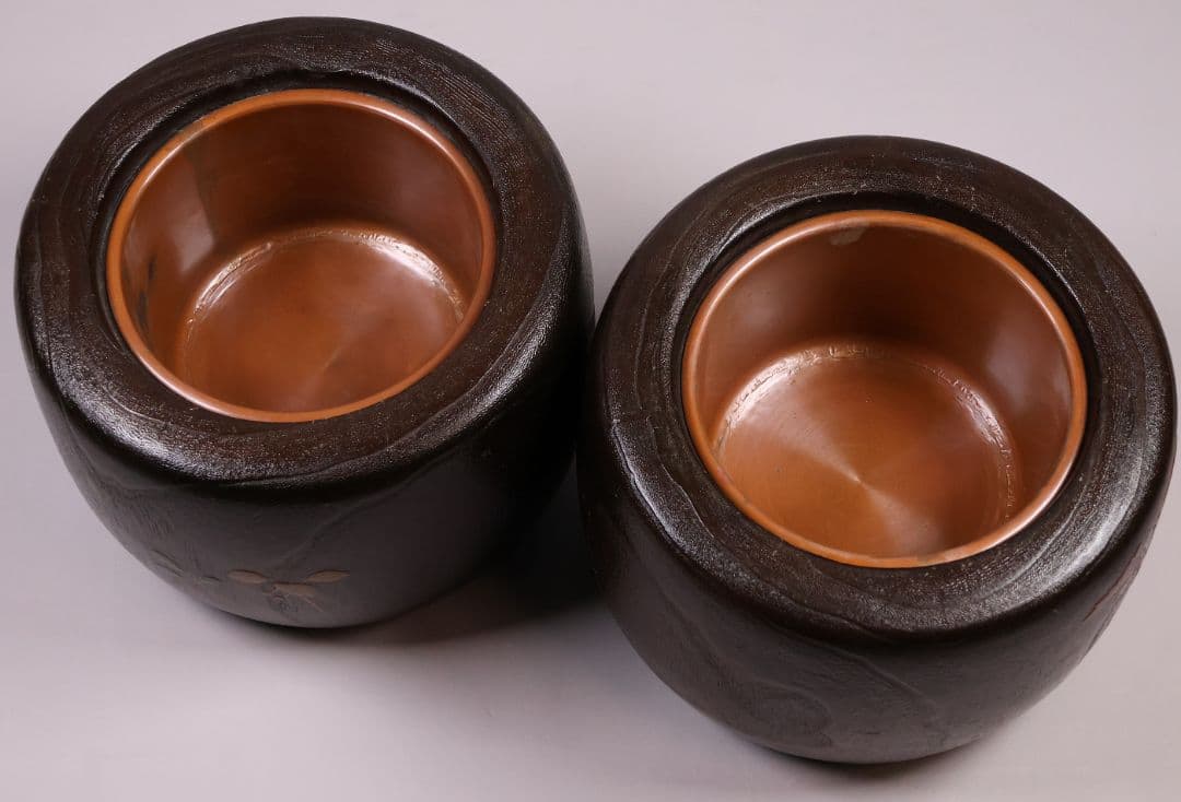 桐火鉢一対 菊蒔絵 草花 木箱入り 手あぶり 古民具 漆芸 茶道具【MB55】