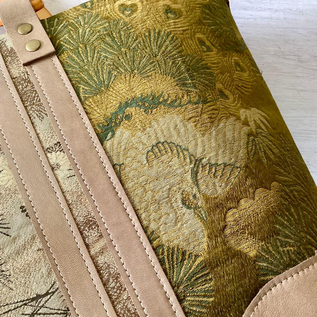 着物リメイク. アンティーク丸帯 × 本革 トートバッグ. ハンドメイド 花鳥柄