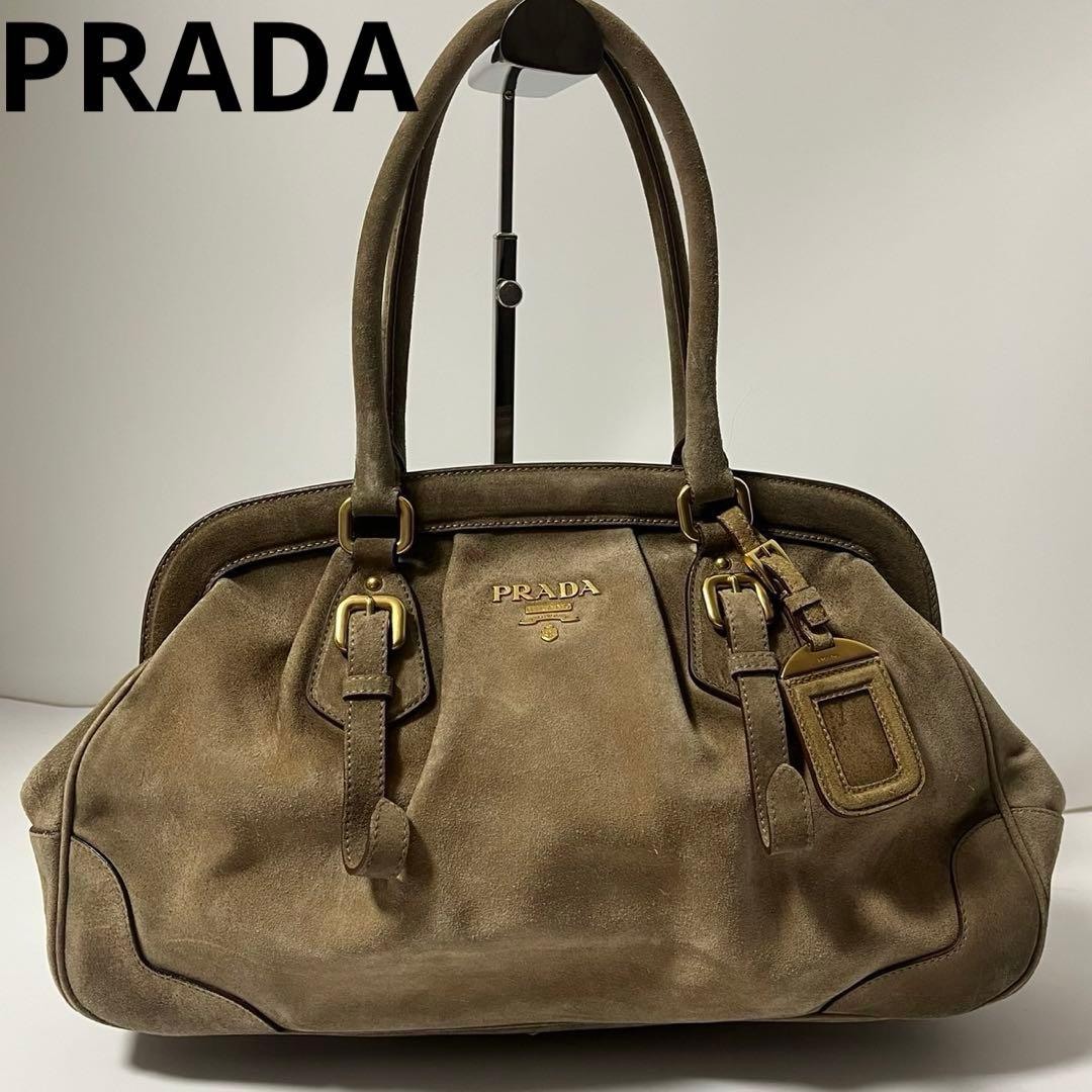 美品✨　PRADA スエード　トートバッグ　ハンドバッグ　ブラウン　茶　白タグ