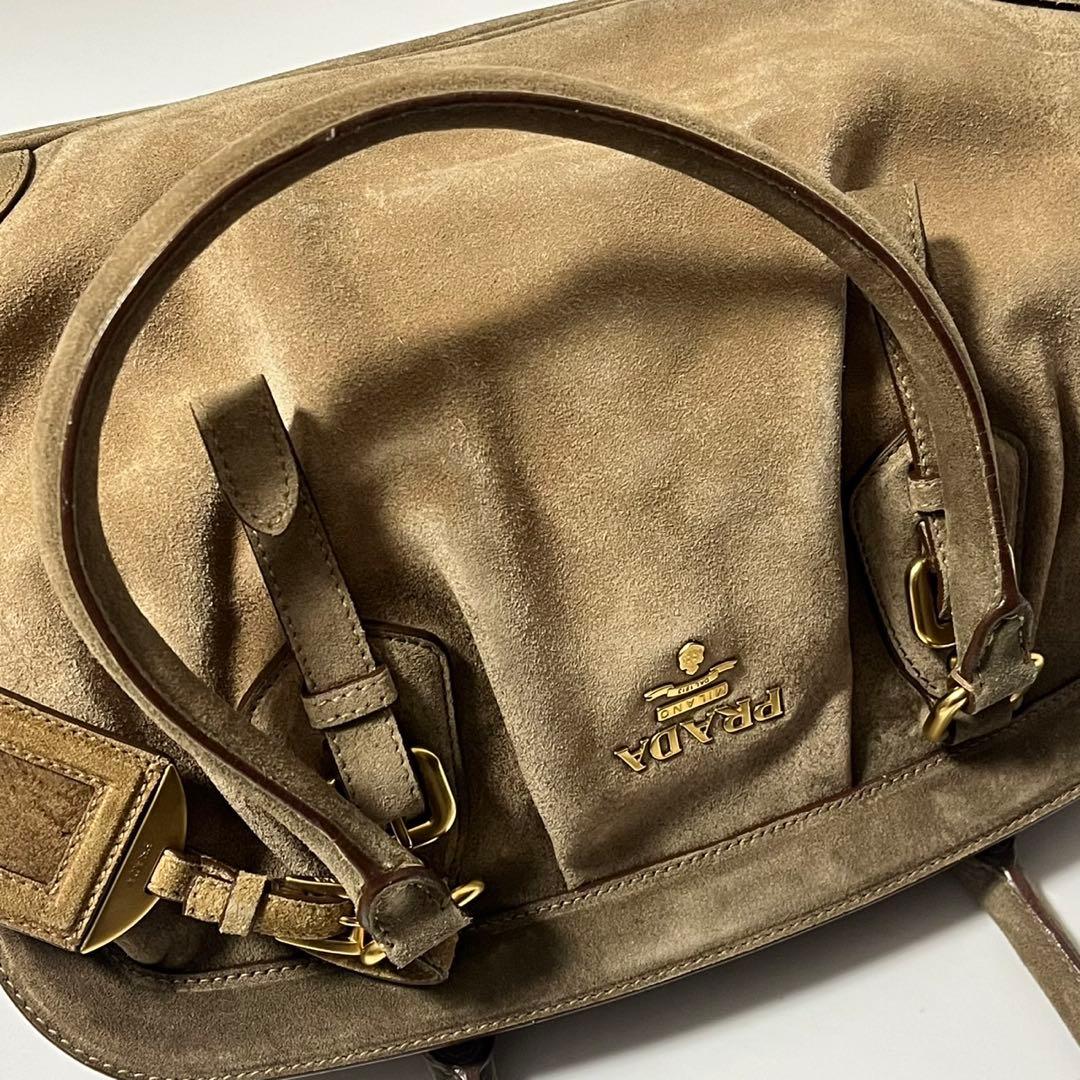 美品✨　PRADA スエード　トートバッグ　ハンドバッグ　ブラウン　茶　白タグ
