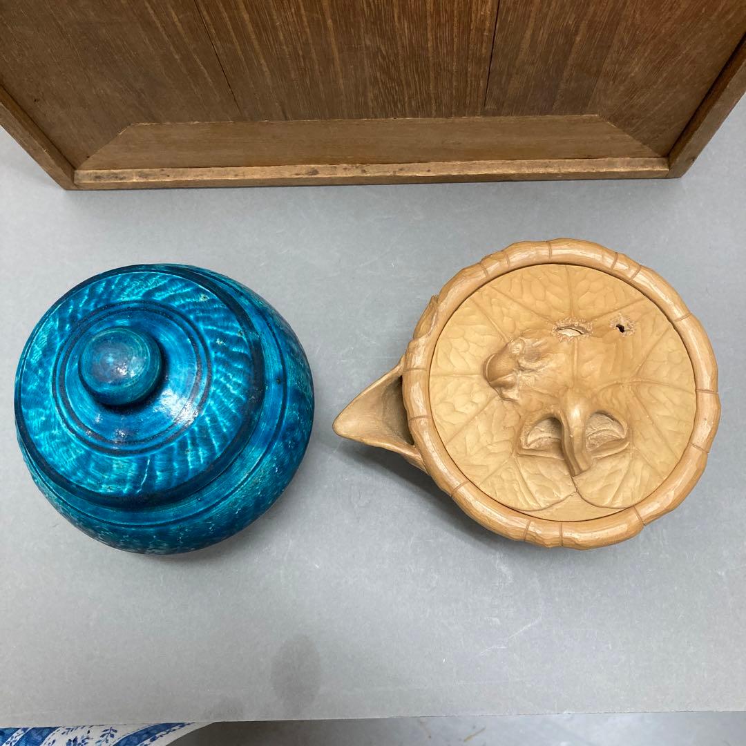 茶道具　煎茶揃　急須　蓋カラクリ、茶入、茶碗3、鉢、盆　旅箪笥　共箱　S70ST