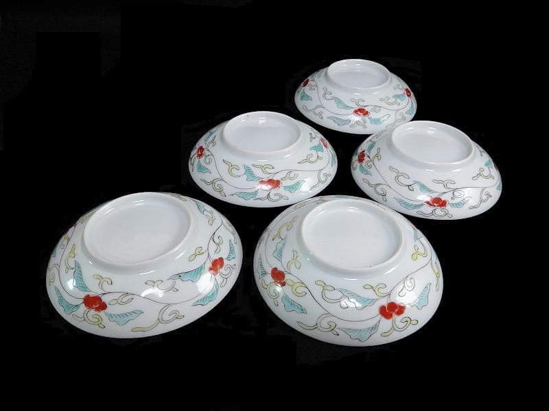 古伊万里　色絵　漢詩に竹笹の図　４寸皿　５枚　C723AS-CAm