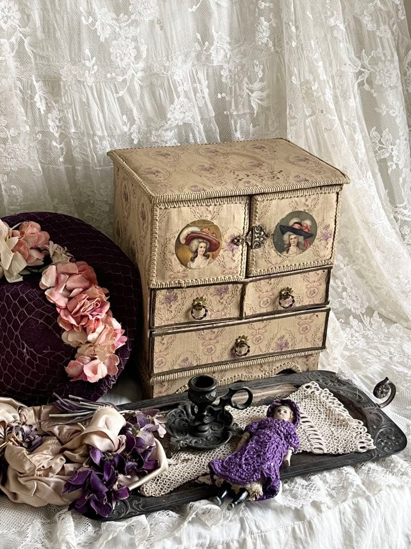 アンティークブロカントフレンチフランスカルトナージュボックスローズ布箱チェスト