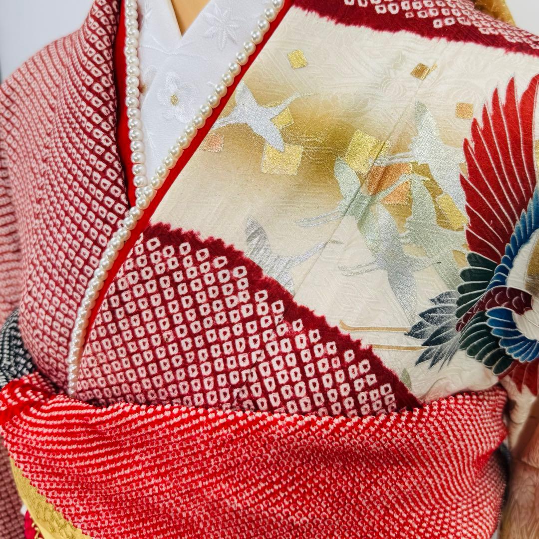 美品　振袖セット　絞り　地紋　鶴　御所車　成人式　結婚式　長襦袢付き　正絹