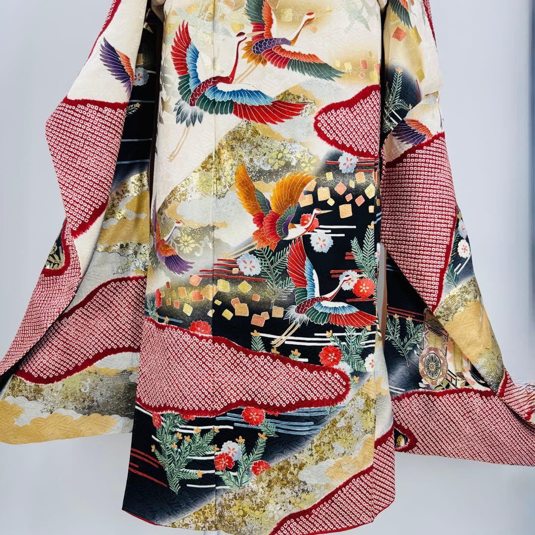 美品　振袖セット　絞り　地紋　鶴　御所車　成人式　結婚式　長襦袢付き　正絹