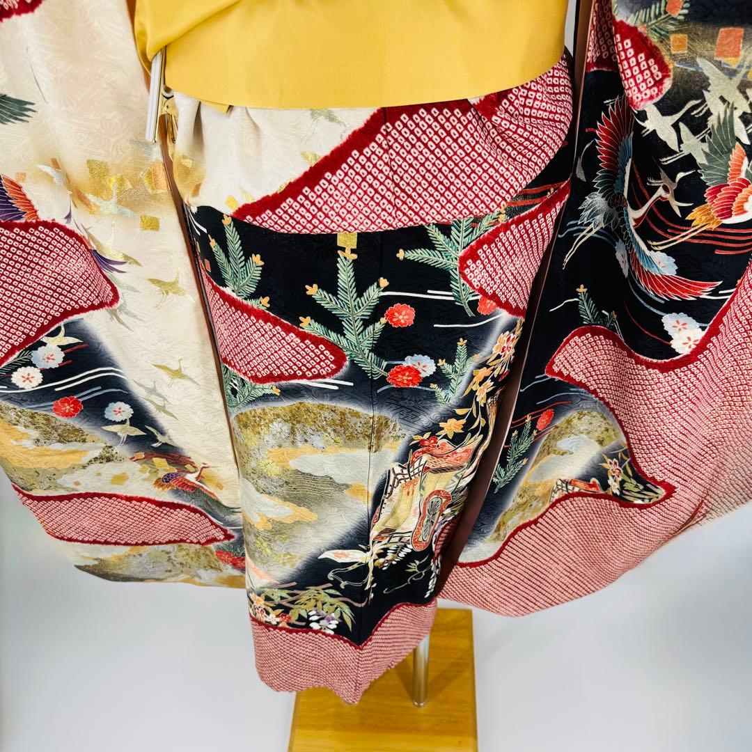 美品　振袖セット　絞り　地紋　鶴　御所車　成人式　結婚式　長襦袢付き　正絹