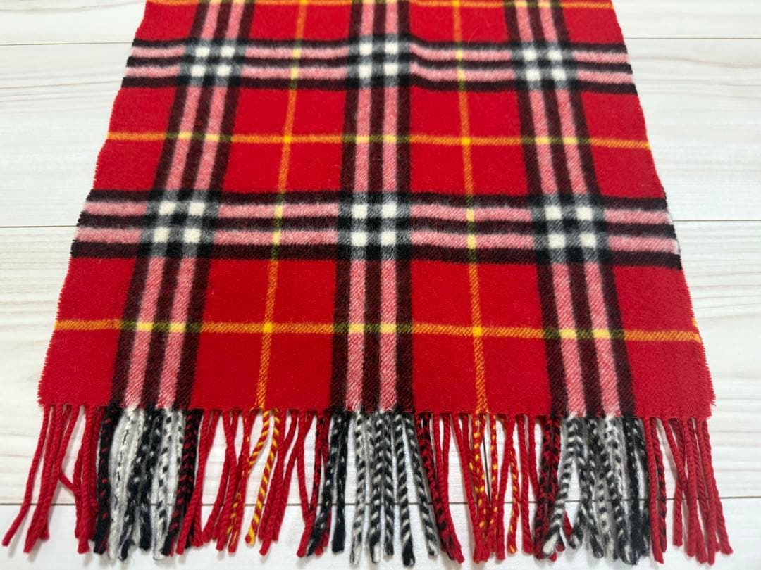 バーバリー　カシミヤ　マフラー　チェック　レッド系