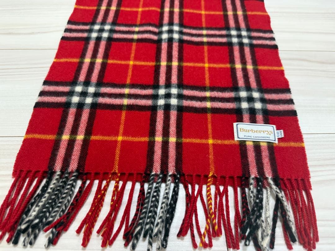 バーバリー　カシミヤ　マフラー　チェック　レッド系