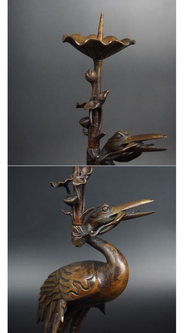 送料無料　江戸～明治時代　古銅鶴亀燭台　精巧細密作り　極上品　高29ｃｍ