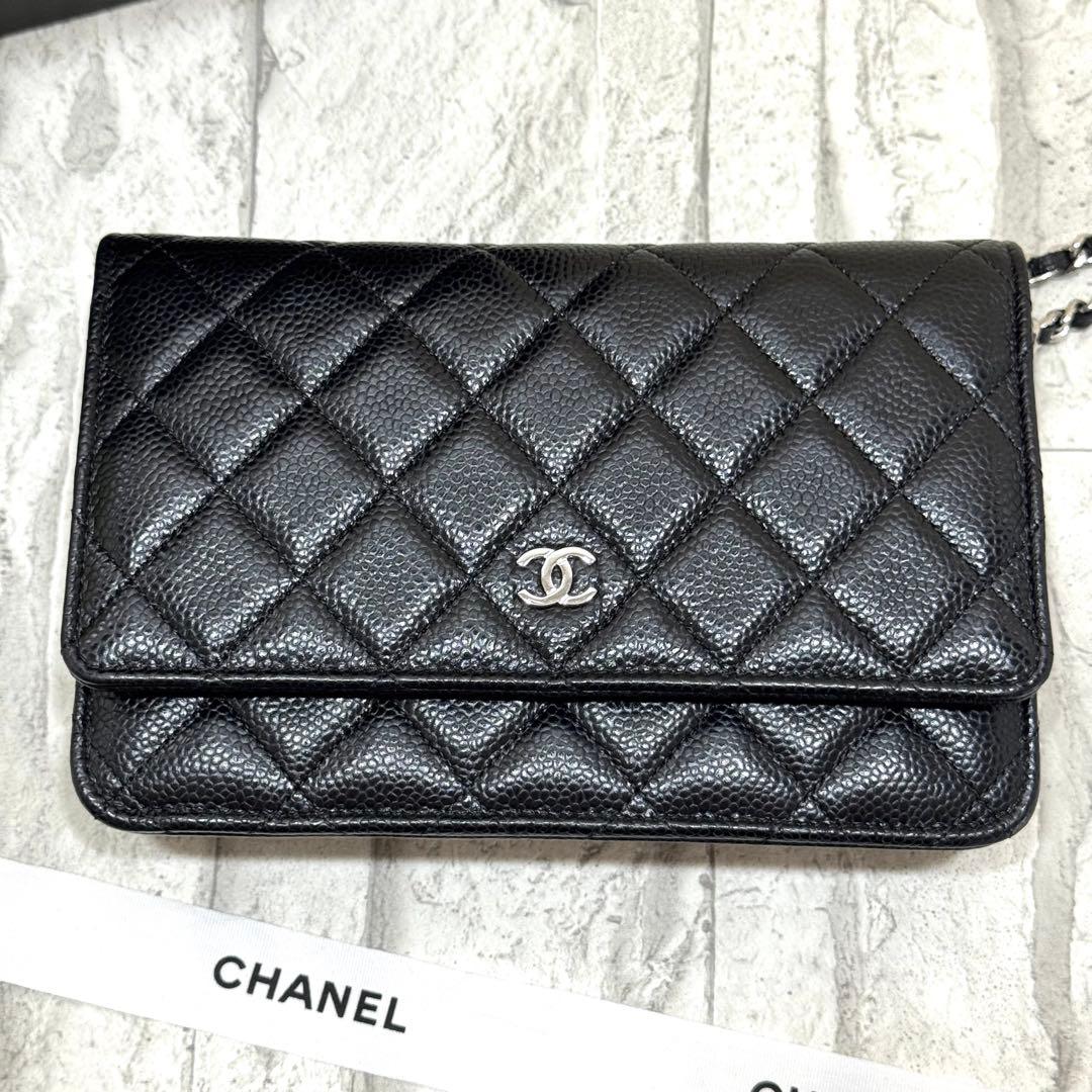 CHANEL チェーンウォレット　グレインドカーフスキン　マトラッセ　ブラック