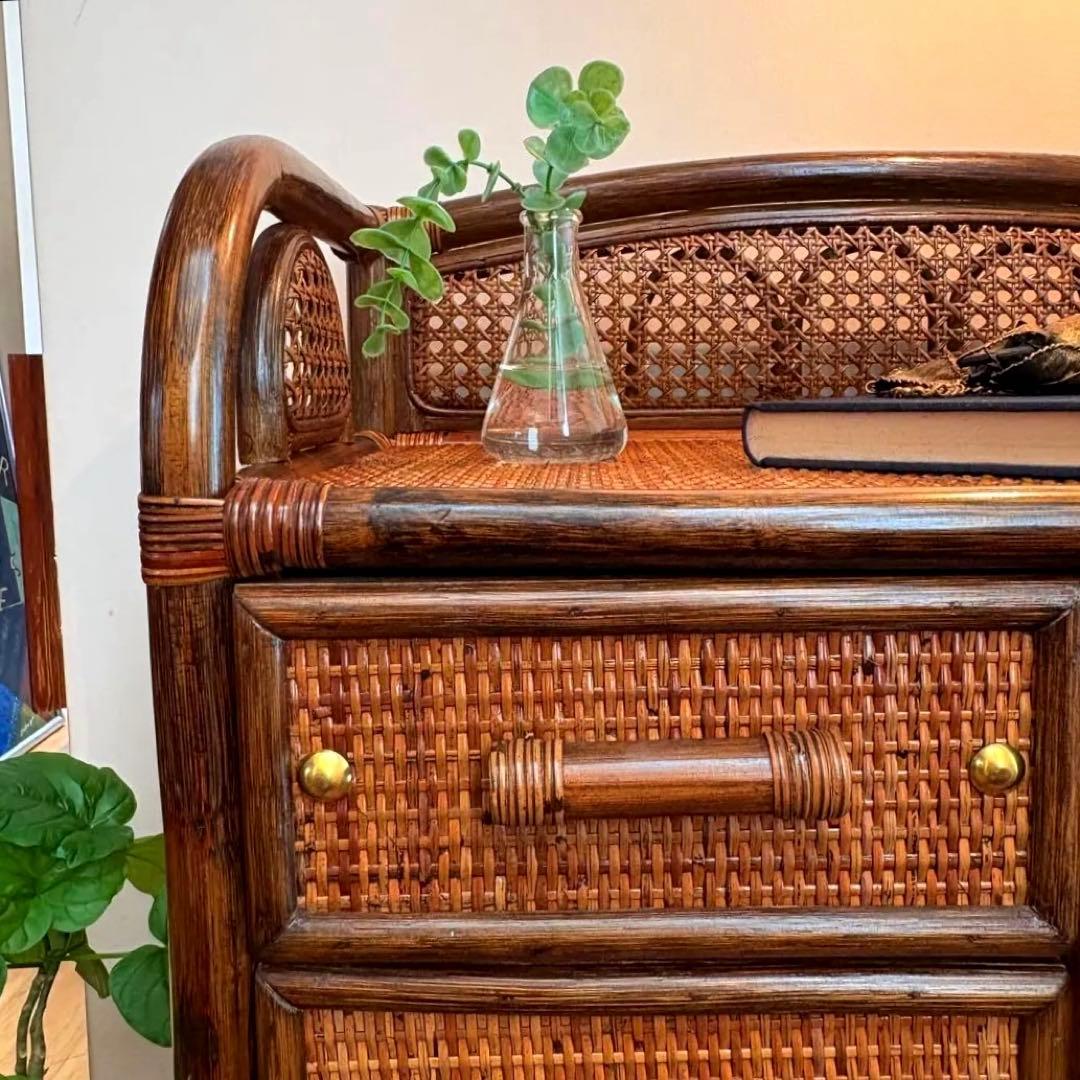 ラタン チェスト 8杯引き出し ヴィンテージ 籐家具 真鍮鋲付き バンブー
