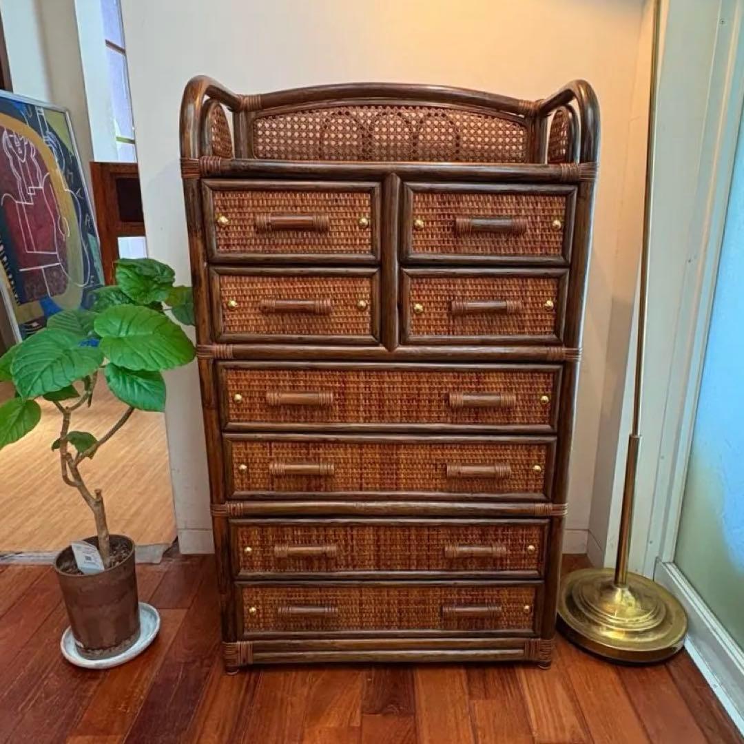 ラタン チェスト 8杯引き出し ヴィンテージ 籐家具 真鍮鋲付き バンブー