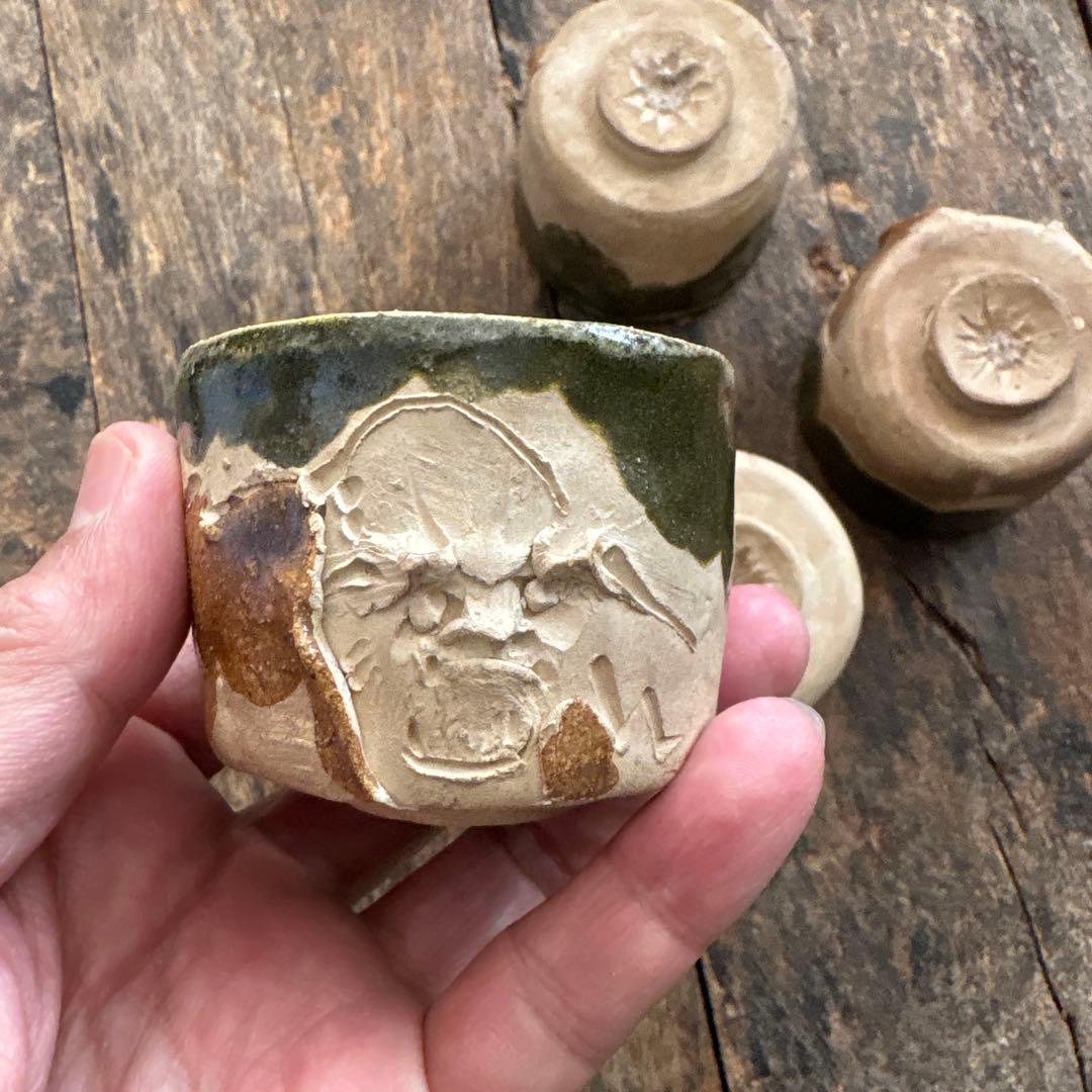 SALE⏬天竜峡焼　達磨陽刻文　煎茶碗　ぐい呑　三輪楽雅堂　4客