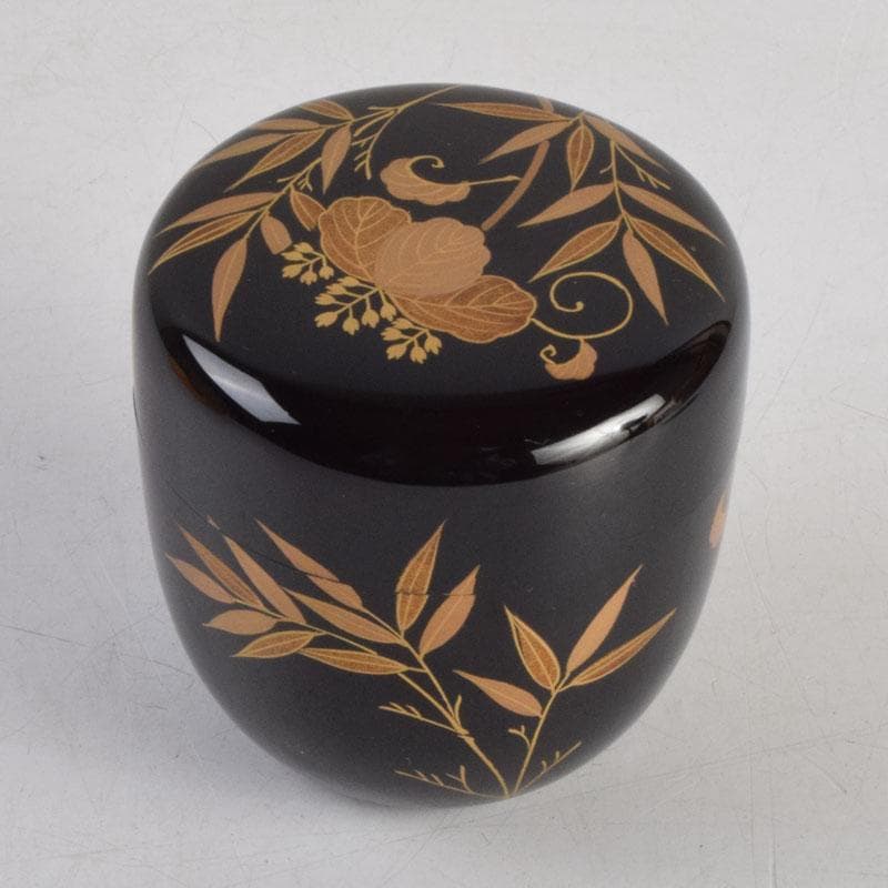 茶道具　塗師　岡本陽斉作　笹桐蒔絵　黒中棗　共箱　V　8836