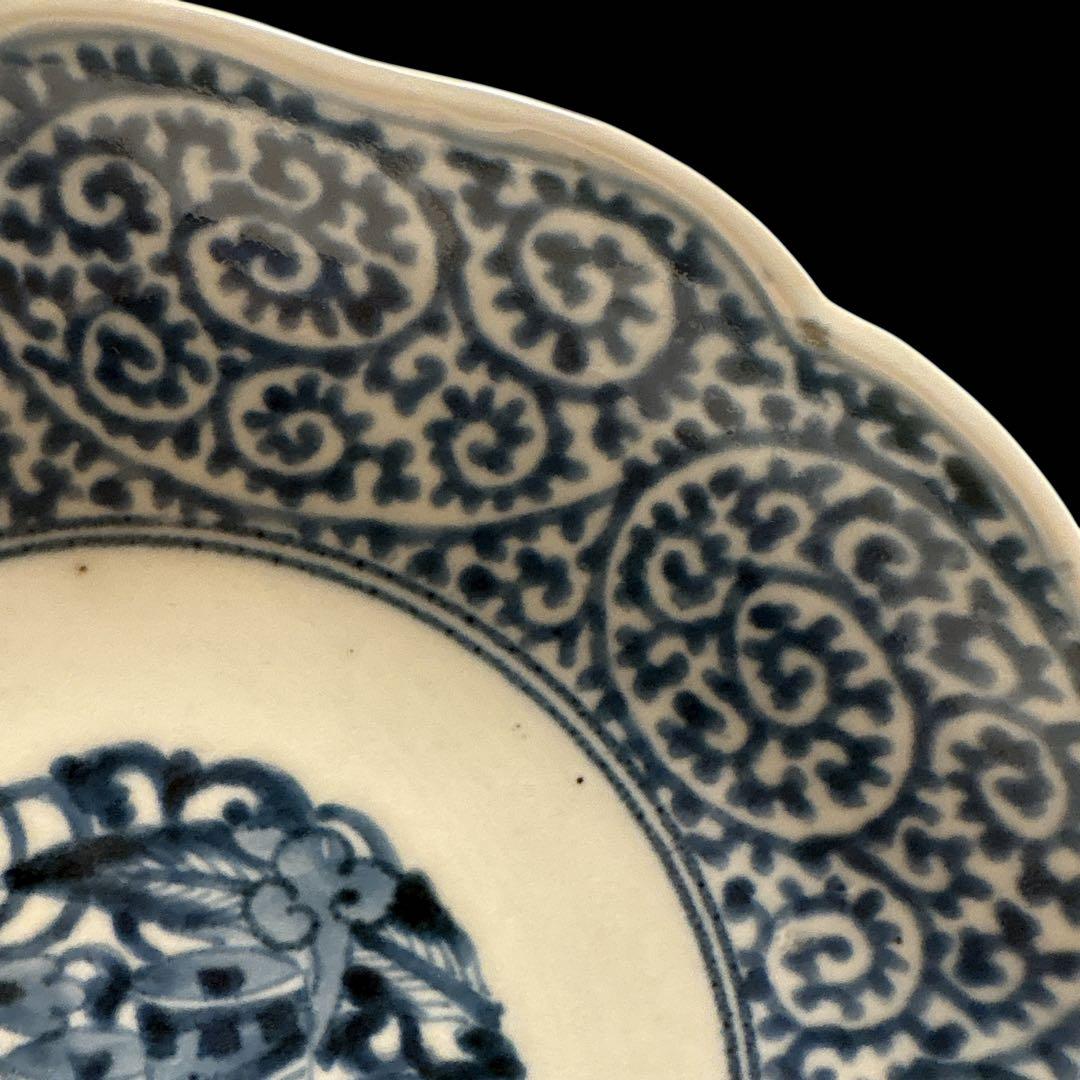 伊万里 有田 染付 印判 輪花皿 宝尽し丸文 見返し蛸唐草 高台内目跡 二重圏線