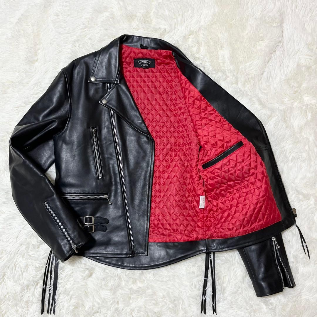 美品 希少サイズ ホーンワークス ダブルライダースジャケット 3L レザー 黒