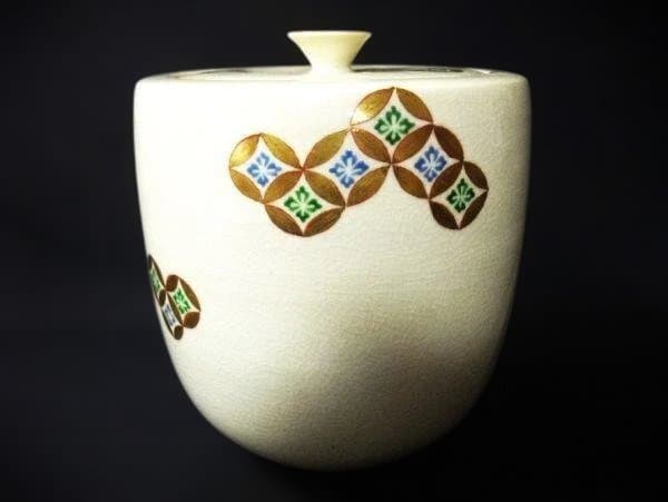 七宝つくし模様 陶器製 国領拡治「玉領」作 水指 箱書「大徳寺 義山筆」