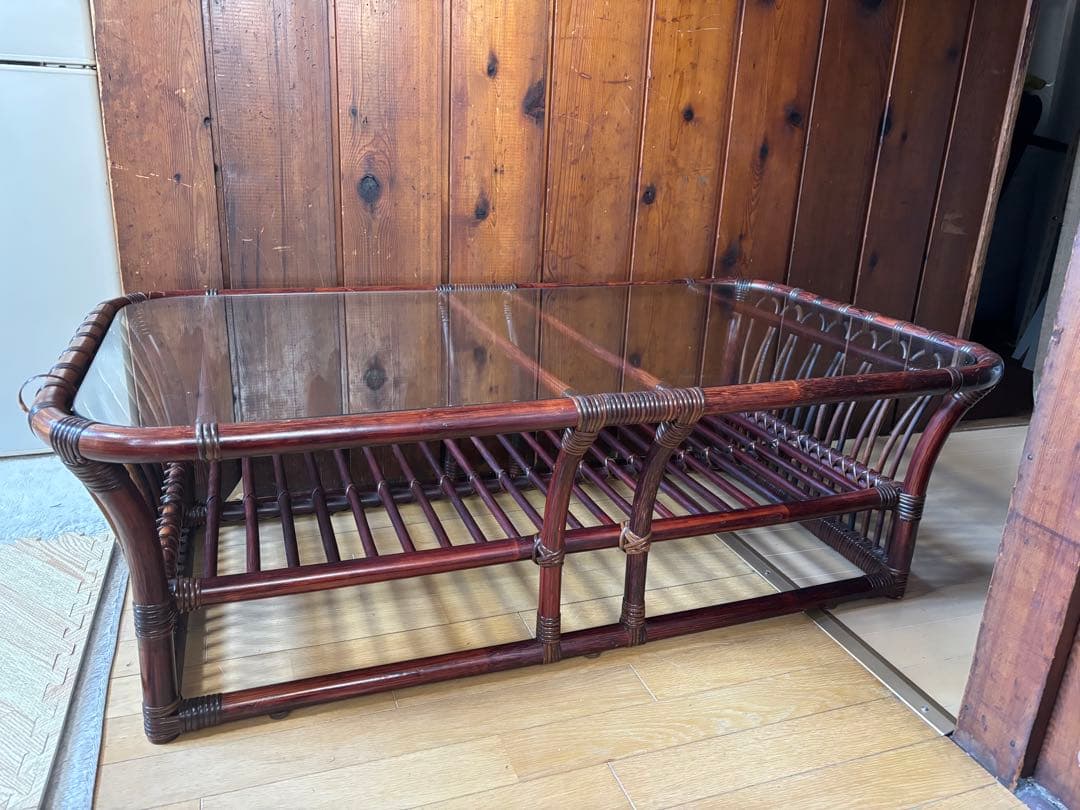 ꧁籐家具꧂アジアン ラタンテーブル ガラス天板座卓 センターテーブル 古家具