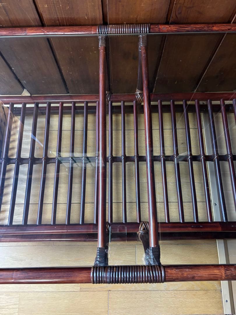 ꧁籐家具꧂アジアン ラタンテーブル ガラス天板座卓 センターテーブル 古家具