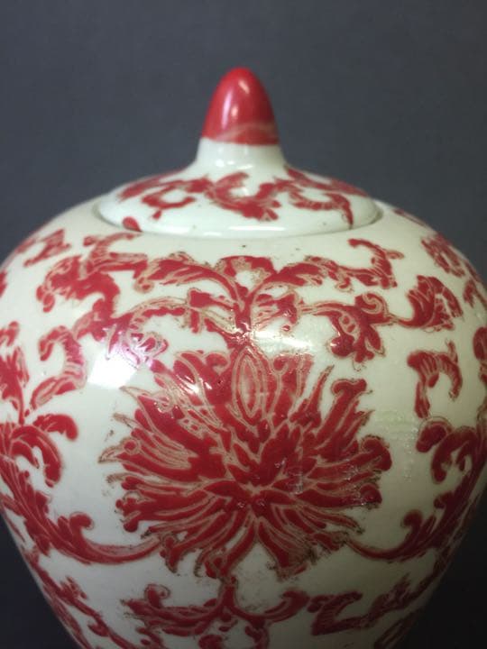 中国古玩  蓋罐 紅釉薬描き 乾隆年製落款