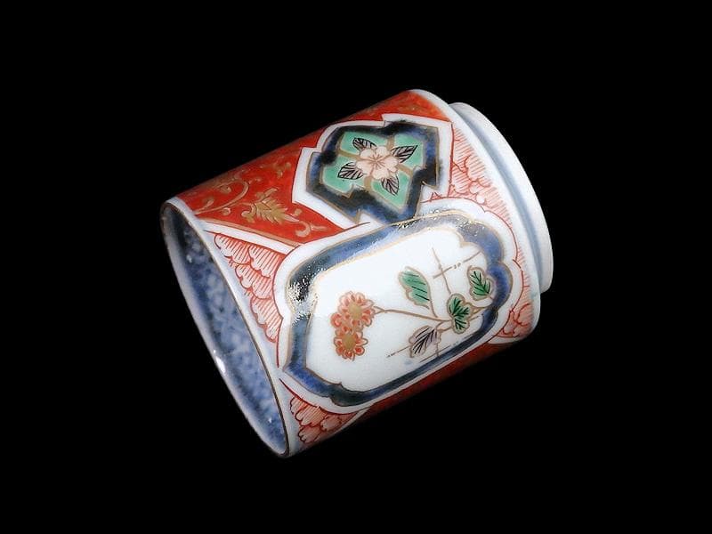 古伊万里　色絵　窓絵　花に金唐草図　のぞき 猪口　D802AS-CYg