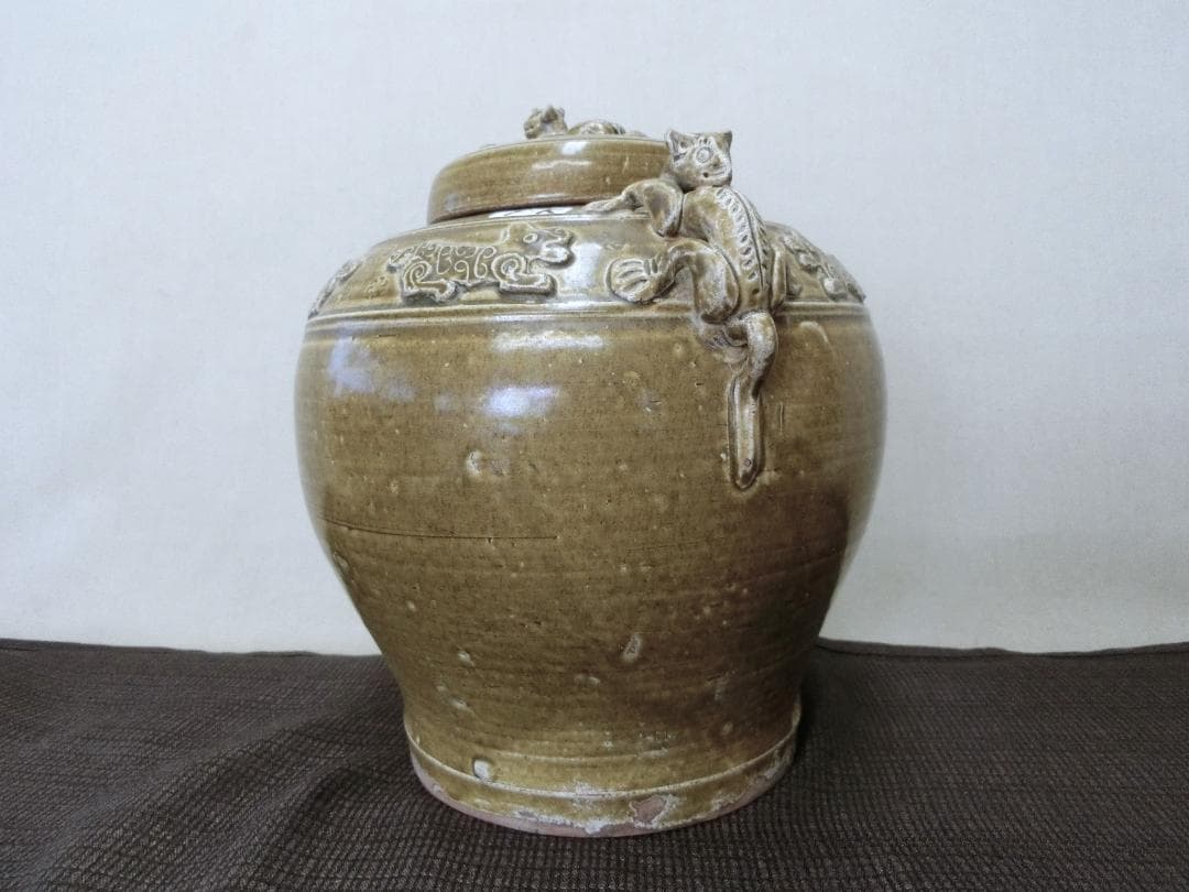 【緑釉壷　蓋付　双耳壷　獣高盛文様　中国・FK】◆古董 鑑賞陶磁器 インテリア