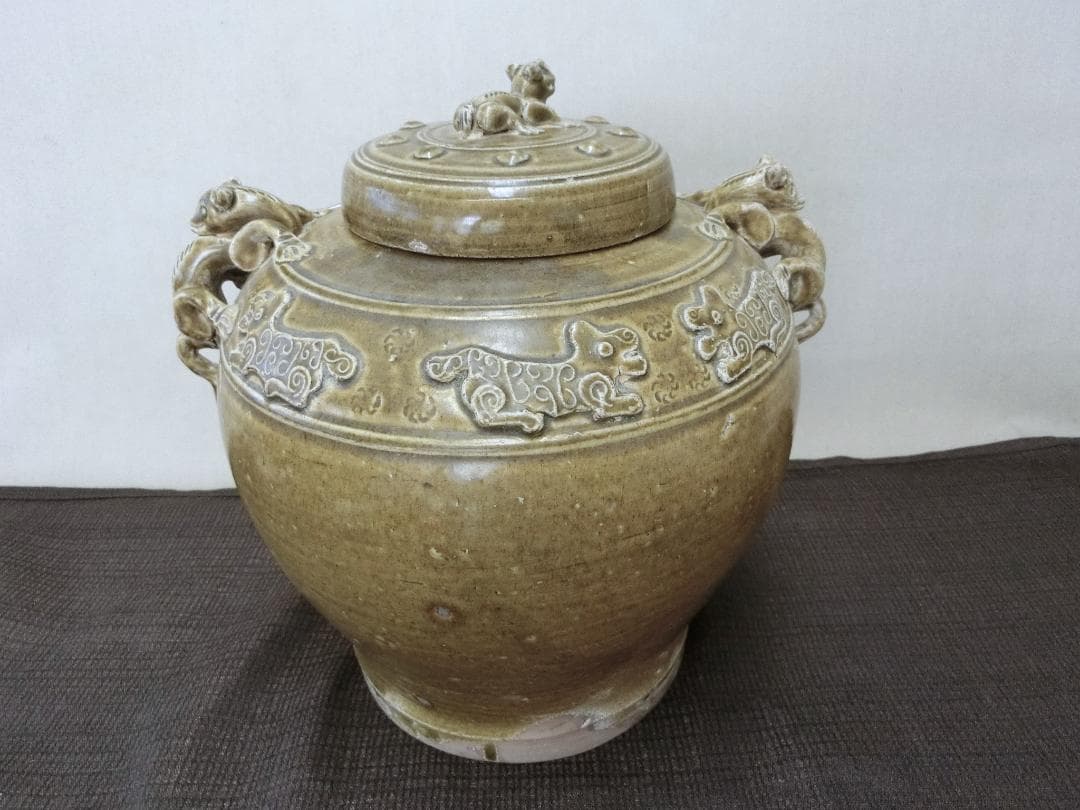 【緑釉壷　蓋付　双耳壷　獣高盛文様　中国・FK】◆古董 鑑賞陶磁器 インテリア
