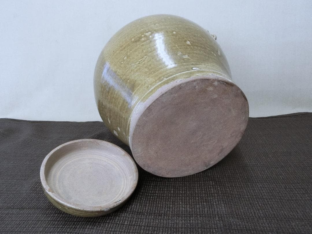 【緑釉壷　蓋付　双耳壷　獣高盛文様　中国・FK】◆古董 鑑賞陶磁器 インテリア