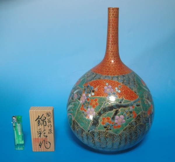 有田焼 藤井錦彩 染錦 桜絵 菖蒲絵 扇割 美術品 鶴首 花瓶 共箱 2393