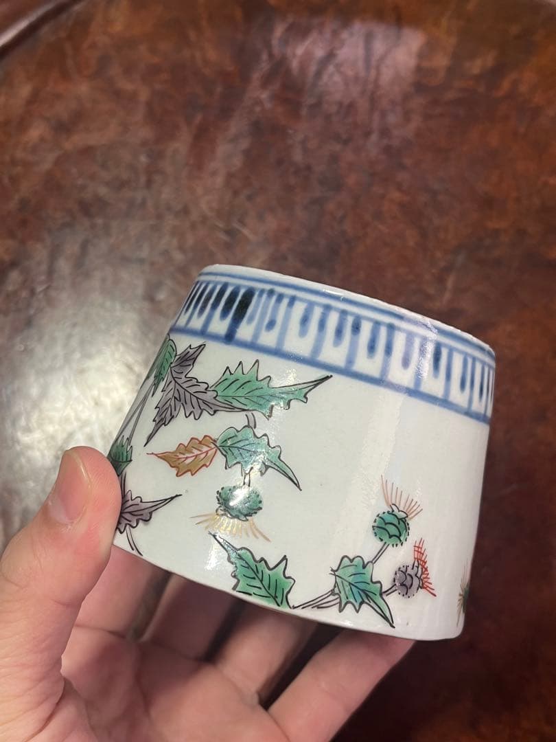 蕎麦猪口　そばちょこ　色絵　草花　あざみ　無傷完品　大振り　そば猪口　古伊万里