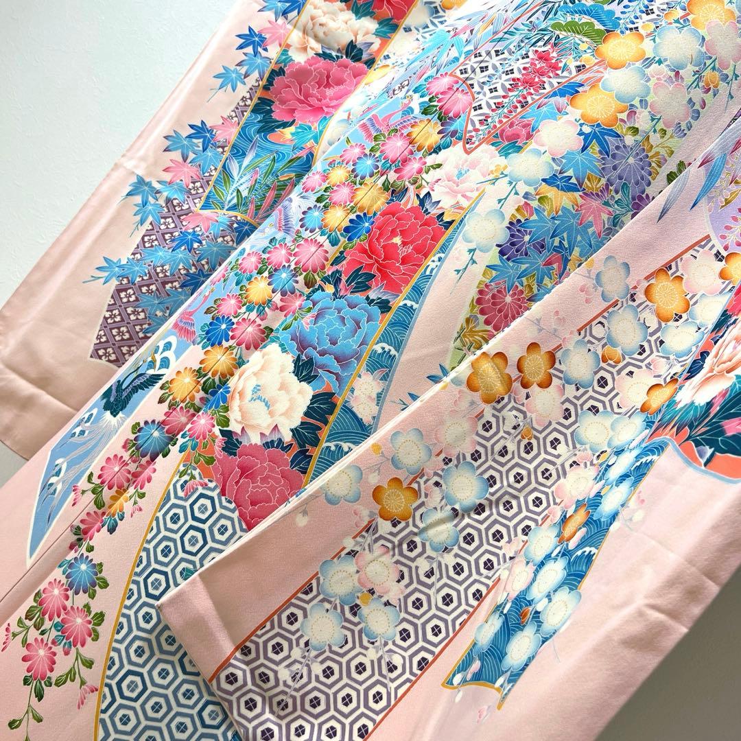 435 振袖フルセット 正絹 難あり 桃 ピンク 水色 紫 カラフル
