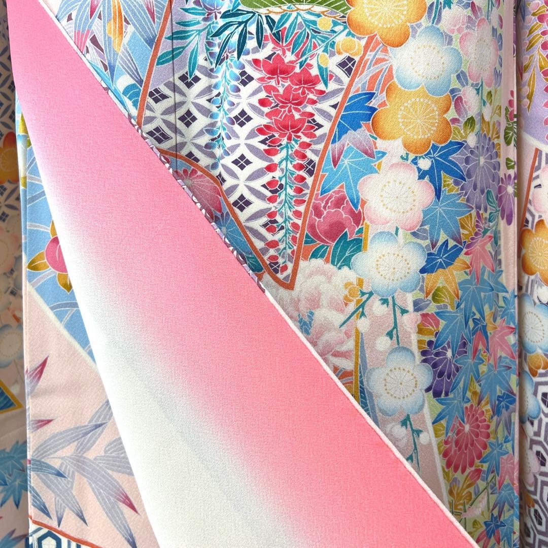 435 振袖フルセット 正絹 難あり 桃 ピンク 水色 紫 カラフル