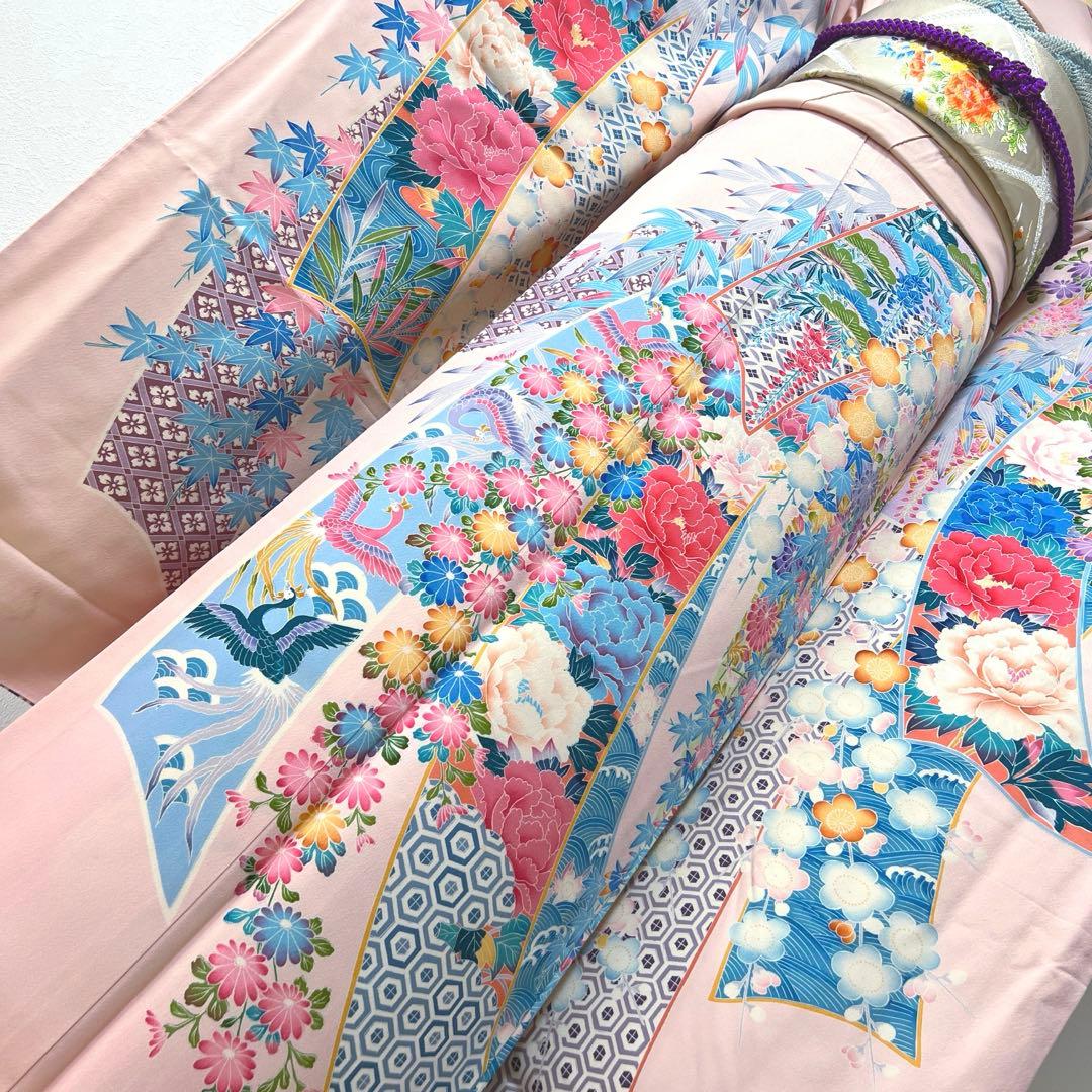 435 振袖フルセット 正絹 難あり 桃 ピンク 水色 紫 カラフル