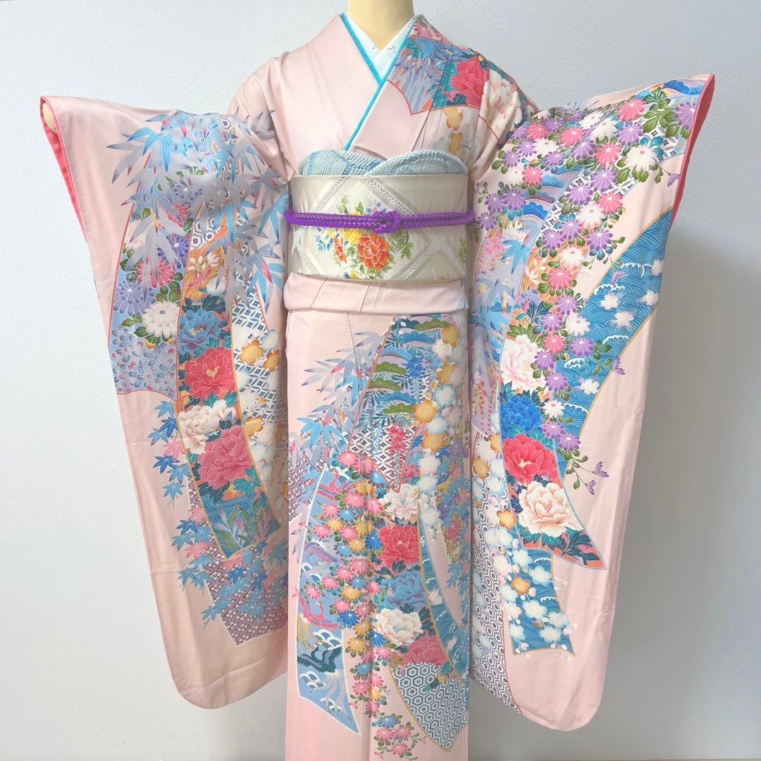 435 振袖フルセット 正絹 難あり 桃 ピンク 水色 紫 カラフル