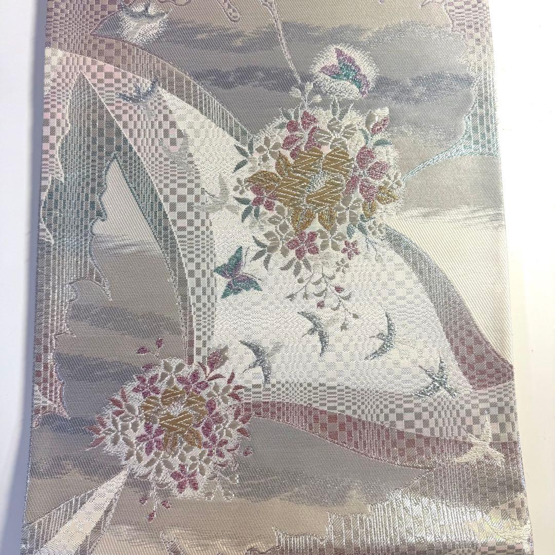 5k2218 袋帯　絹　西陣織　まいづる謹製　彩　唐織　銀色　金色　白　緑　青