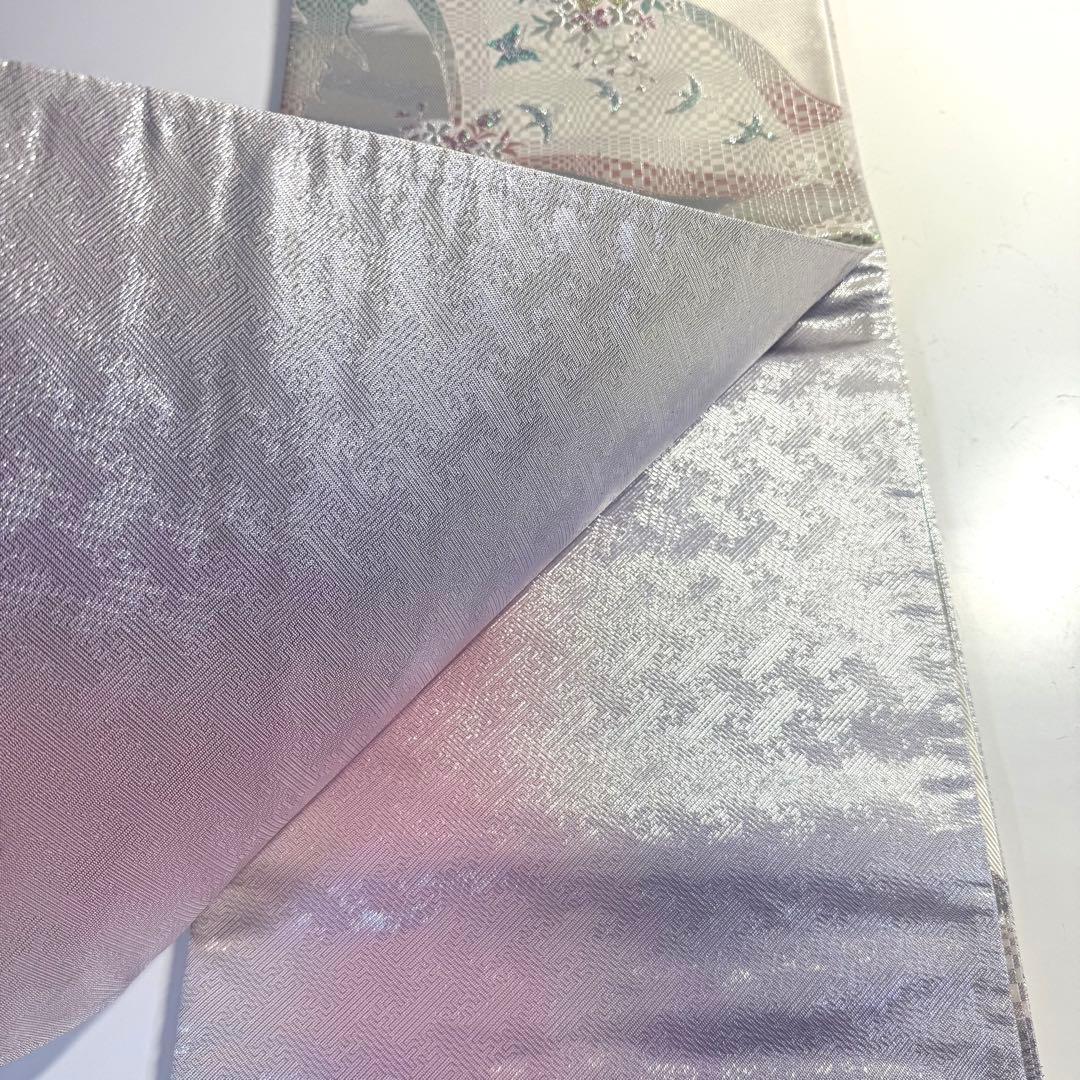 5k2218 袋帯　絹　西陣織　まいづる謹製　彩　唐織　銀色　金色　白　緑　青