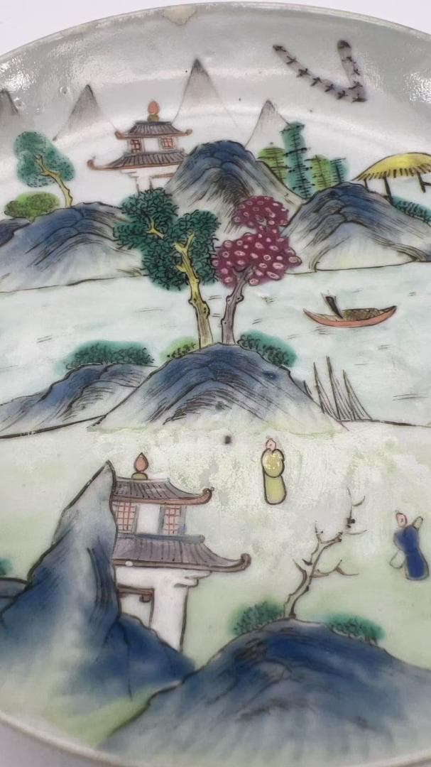 清道光時代 【道光年製】在銘 粉彩山水盤 豫章十景 章江曉渡図　(Y-7)