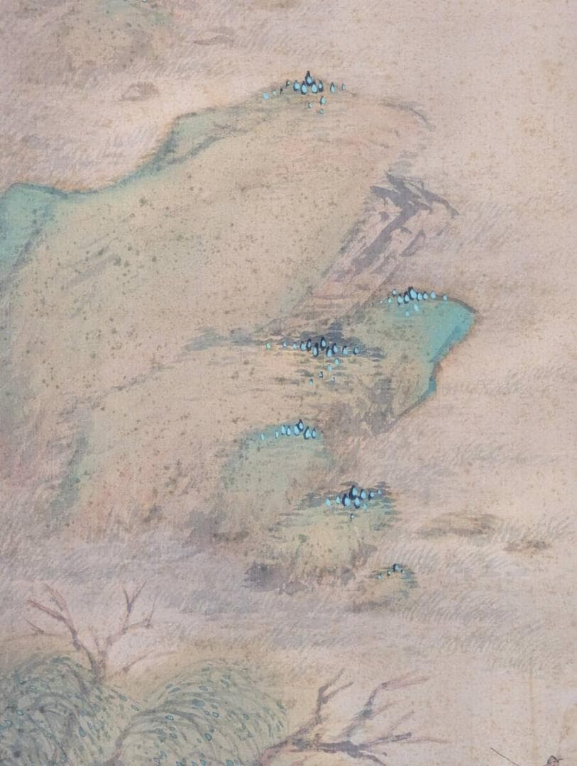 【真作】掛軸　漢詩入り山水画　淡彩の詩情画　水辺の静けさを描いた一幅　T139